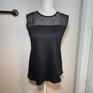 Womens Black Beaded Sheer Yoke Sleeveless Top Size Medium Shirt